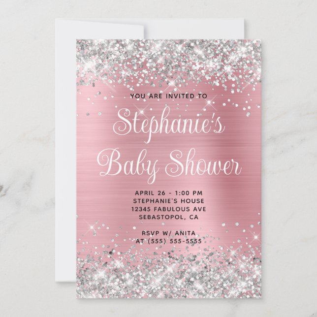 Silver Glitter Pink Online Registry Baby Shower Invitation (Front)
