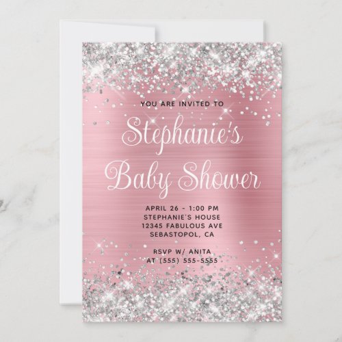 Silver Glitter Pink Online Registry Baby Shower Invitation