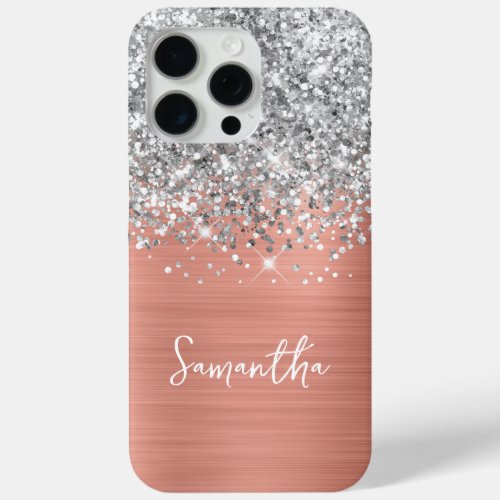 Silver Glitter Pink Peach Glam Name iPhone 15 Pro Max Case