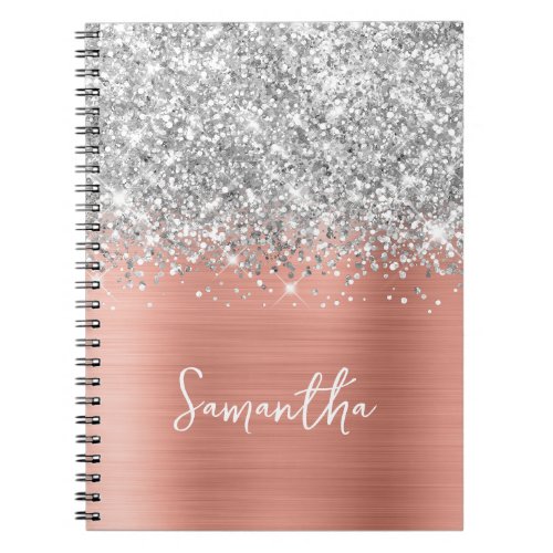 Silver Glitter Pink Peach Glam Script Name Notebook