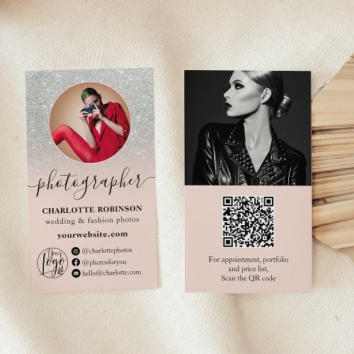 Silver glitter pink photo qr logo photographer business card