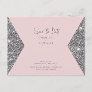 Silver Glitter & Pink Photo Wedding Save the Date Postcard