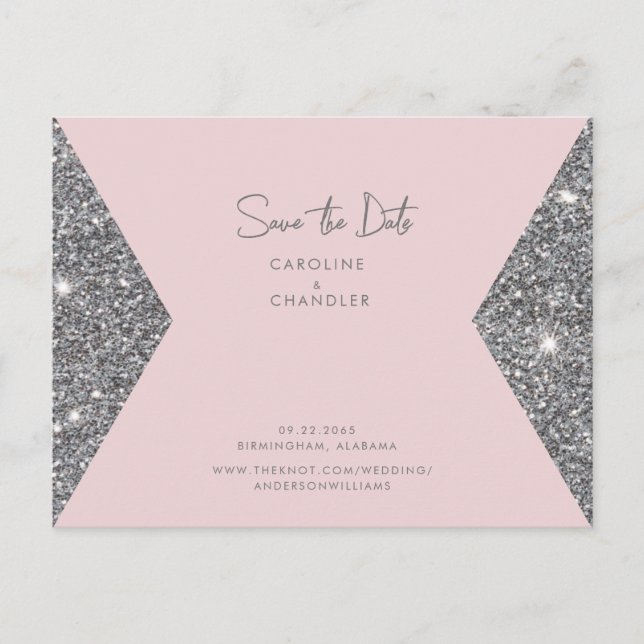 Silver Glitter & Pink Photo Wedding Save the Date Postcard (Front)
