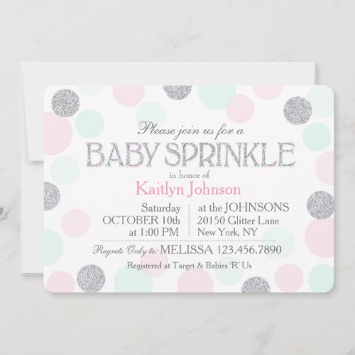 Silver Glitter Pink Seafoam Dots Baby Sprinkle Invitation