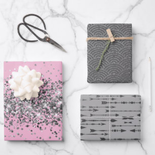Silver Glitter Pink Silver Arrow Silver Archs Wrapping Paper Sheets