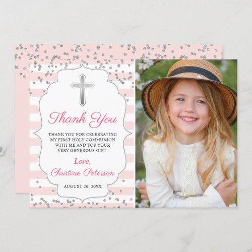 Silver Glitter Pink Stripes First Holy Communion Thank You Card
