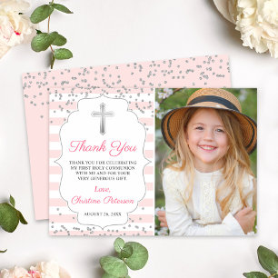 Silver Glitter Pink Stripes First Holy Communion Thank You Card