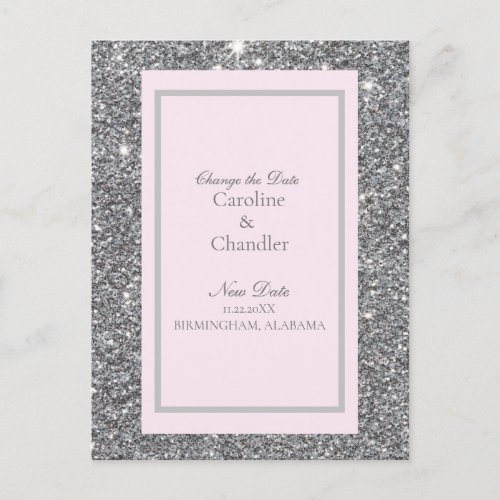 Silver Glitter Pink Wedding Change Date Announcement Postcard