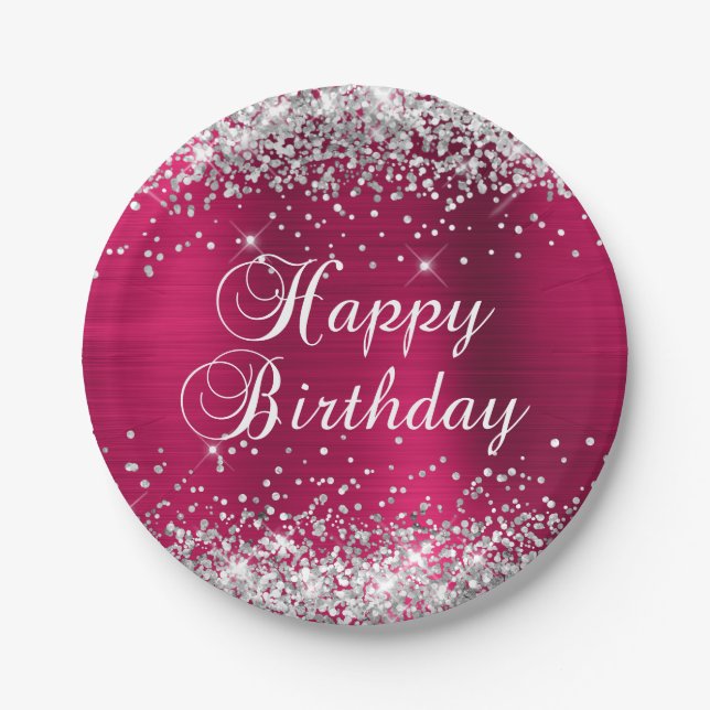 Silver Glitter Pink Wine Foil Happy Birthday Paper Plates (Front)