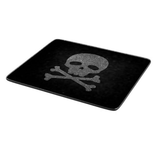 Silver Glitter Pirate Skull on Black Background Cutting Board