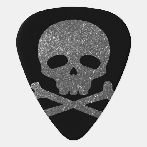 Silver Glitter Pirate Skull on Black Background Guitar Pick