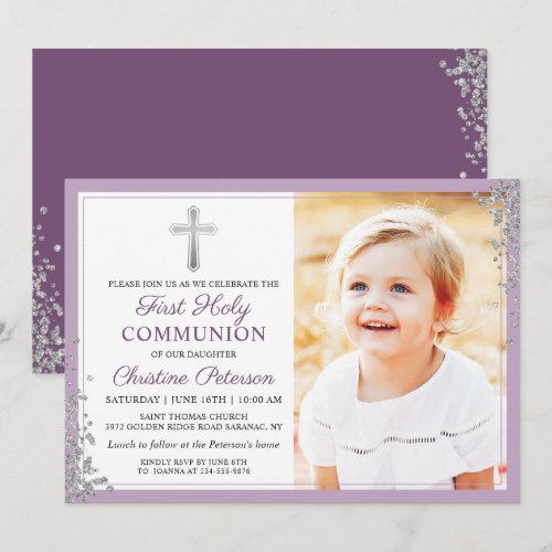 Silver Glitter Plum Purple First Communion Photo