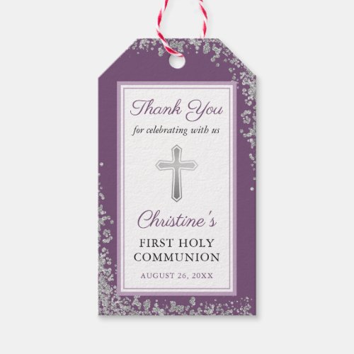 Silver Glitter Plum Purple First Holy Communion Gift Tags