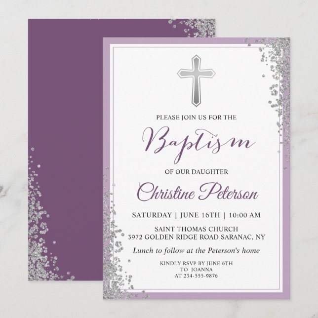 Silver Glitter Plum Purple Girl Baptism Invitation (Front/Back)