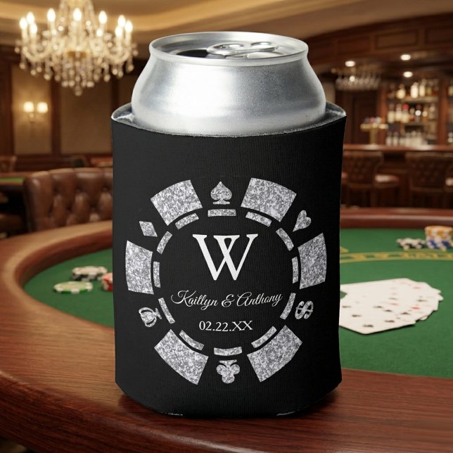 Silver Glitter Poker Chip Casino Wedding Can Cooler (Creator Uploaded)