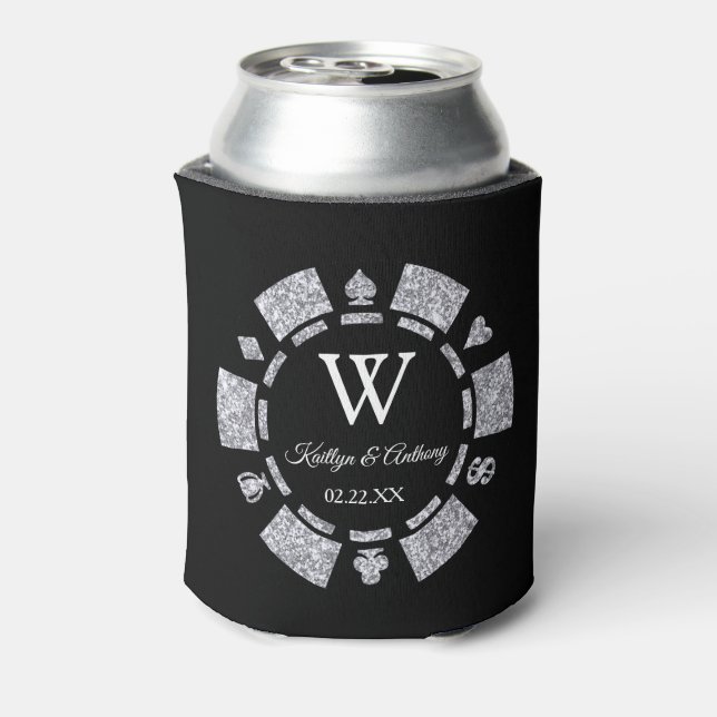 Silver Glitter Poker Chip Casino Wedding Can Cooler (Can Back)