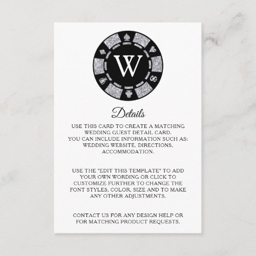 Silver Glitter Poker Chip Casino Wedding Detail Enclosure Card