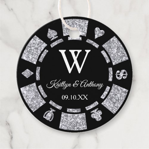 Silver Glitter Poker Chip Casino Wedding Party Favor Tags