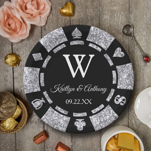 Silver Glitter Poker Chip Casino Wedding Party Paper Plates