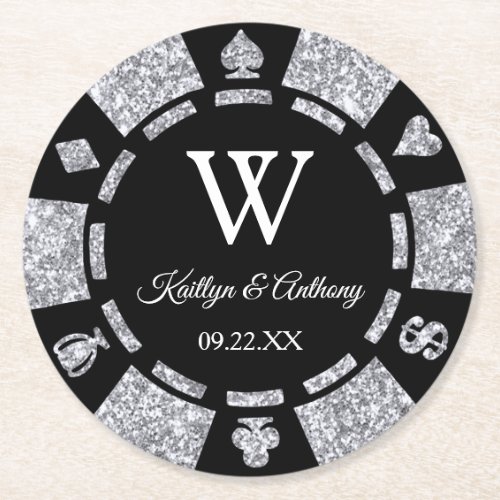 Silver Glitter Poker Chip Casino Wedding Round Paper Coaster