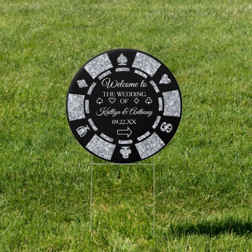 Silver Glitter Poker Chip Casino Wedding Welcome Sign