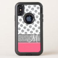 Silver Glitter Polka Dot Monogram Can CHANGE color OtterBox Defender iPhone X Case