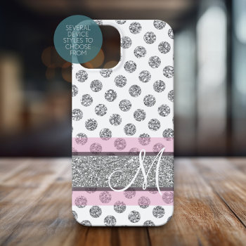 Silver Glitter Polka Dot Pattern With Monogram Iphone 15 Case by icases at Zazzle