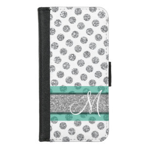 Silver Glitter Polka Dot Pattern with Monogram iPhone 8/7 Wallet Case