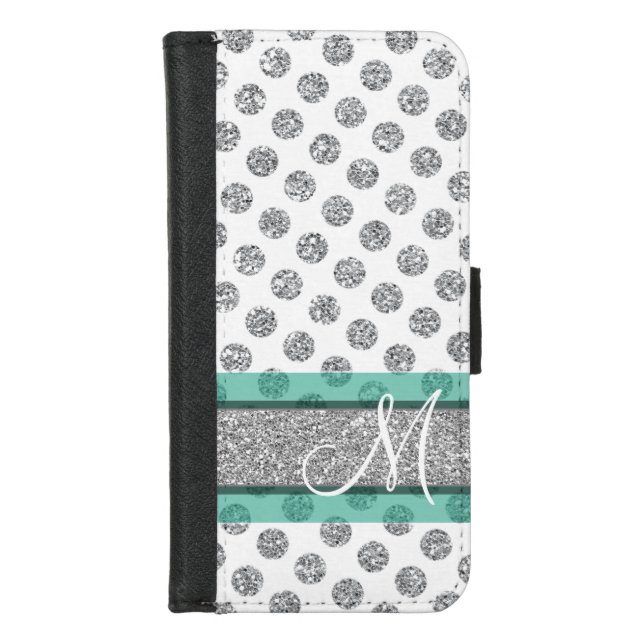Silver Glitter Polka Dot Pattern with Monogram iPhone Wallet Case (Front)