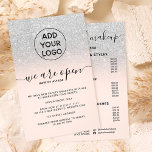 SIlver glitter prices logo pink We're open Flyer<br><div class="desc">Tell your customer about your new re-opening with new safety measures...  with this silver glitter ombre on chic editable pastel blush pink ,  add your logo and add your prices lists and services at the back</div>