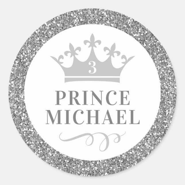 Silver Glitter Prince Favor Sticker Label (Front)
