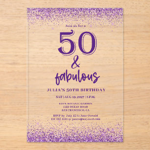 Silver Glitter Purple 50th Birthday Party Acrylic Invitations