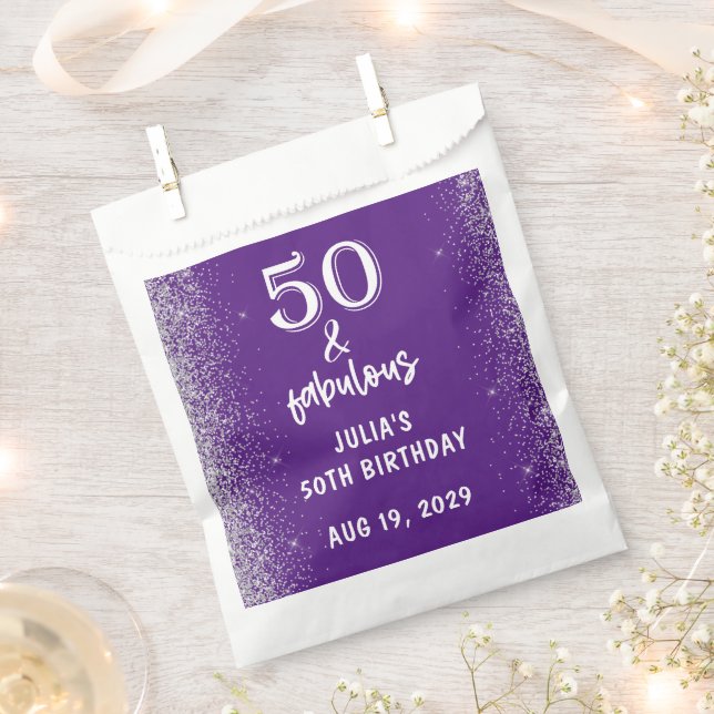 Silver Glitter Purple 50th Birthday Party Favor Bag (Clipped)