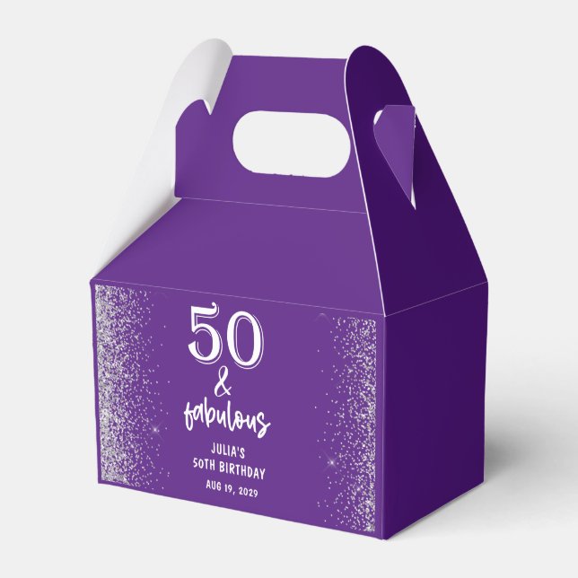 Silver Glitter Purple 50th Birthday Party Favor Boxes (Front Side)
