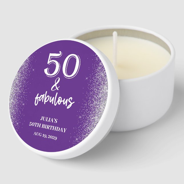 Silver Glitter Purple 50th Birthday Party  Mini Candle Favors (Corner)