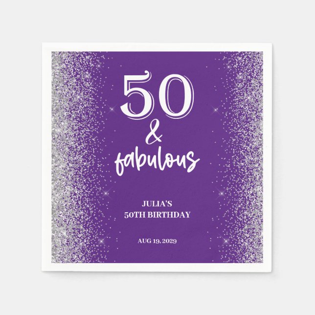 Silver Glitter Purple 50th Birthday Party  Napkins (Front)
