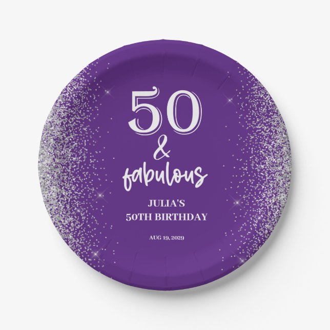 Silver Glitter Purple 50th Birthday Party  Paper Plates (Front)