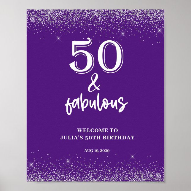  Silver Glitter Purple 50th Birthday Party  Poster (Front)