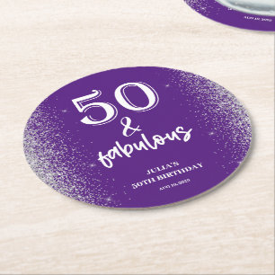 Silver Glitter Purple 50th Birthday Party Round Paper Coaster