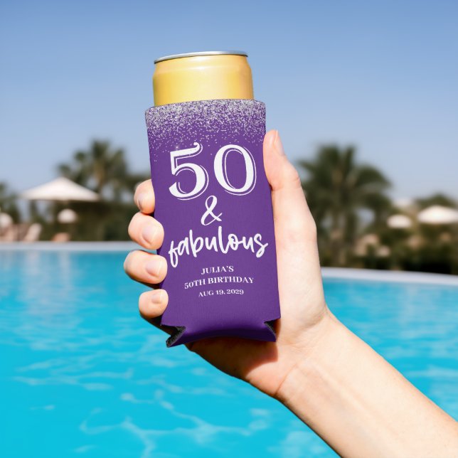 Silver Glitter Purple 50th Birthday Party  Seltzer Can Cooler (In Situ Pool)