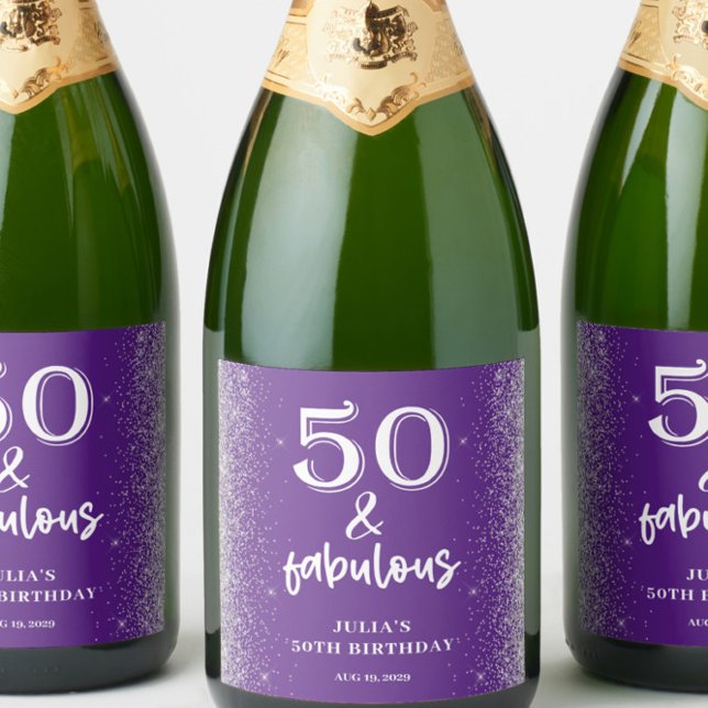Silver Glitter Purple 50th Birthday Party  Sparkling Wine Label (Creator Uploaded)