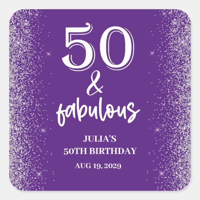 Silver Glitter Purple 50th Birthday Party  Square Sticker (Front)