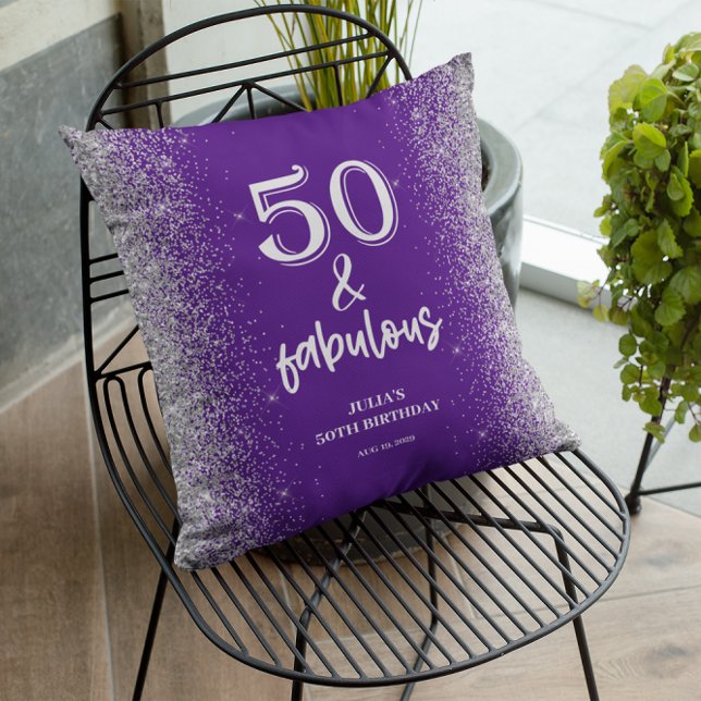 Silver Glitter Purple 50th Birthday Throw Pillow (Creator Uploaded)