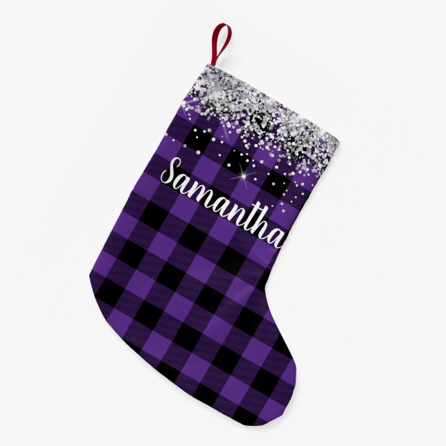 Silver Glitter Purple and Black Buffalo Plaid Small Christmas Stocking (Front (Hanging))