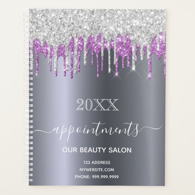 Silver glitter purple beauty salon appointments planner (Front)