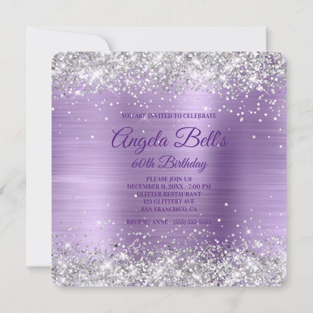 Silver Glitter Purple Brushed Foil 60th Birthday Invitation (Back)