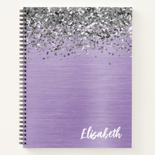 Silver Glitter Purple Brushed Metal Monogram  Notebook
