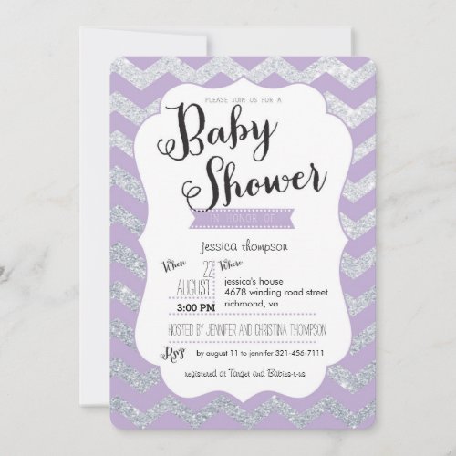 Silver Glitter  Purple Chevron Baby Shower Invite