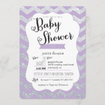 Silver Glitter & Purple Chevron Baby Shower Invite