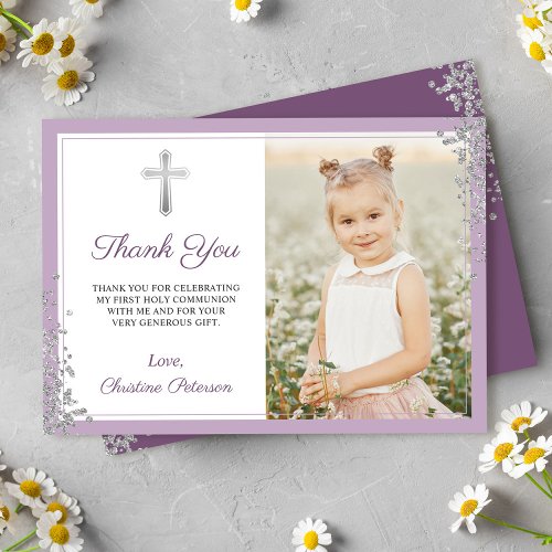 Silver Glitter Purple Communion Thank you Card